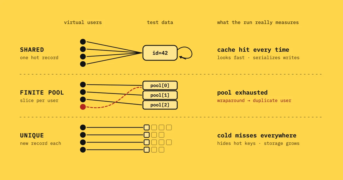 Three test-data strategies: virtual users sharing one hot record, a finite pool whose fourth user wraps into a duplicate, and unique records causing cold cache misses