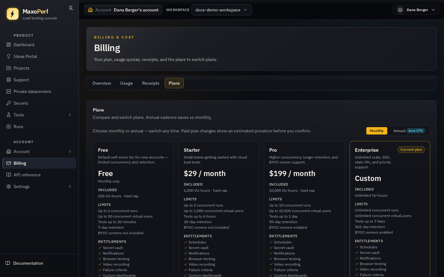 MaxoPerf Billing Plans tab showing the plan catalogue with monthly and annual pricing, feature comparison, and Upgrade buttons