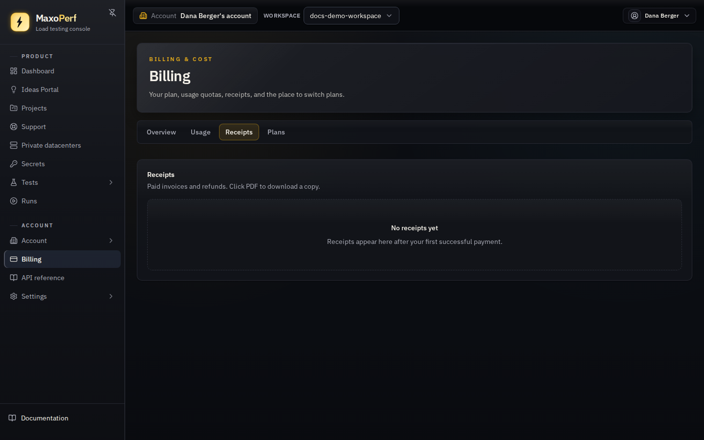 MaxoPerf Billing Receipts tab showing a list of paid invoices with date, amount, and a PDF download button on each row