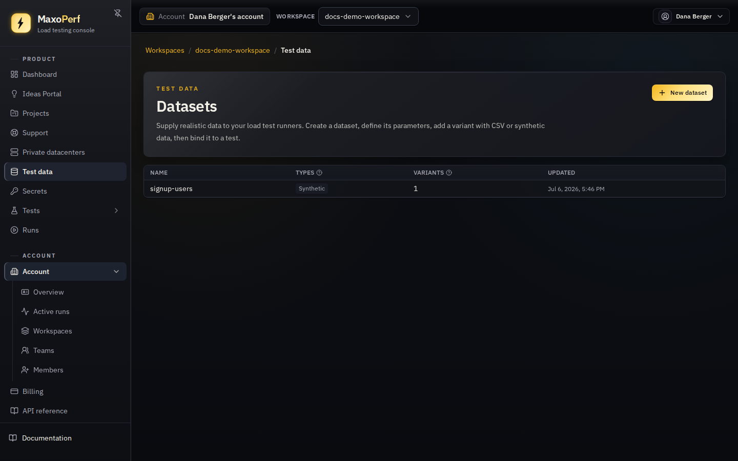 MaxoPerf Test data Datasets list showing a signup-users dataset with its type and variant count