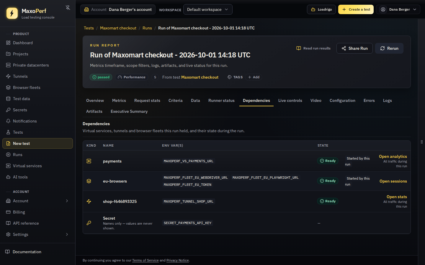 The Dependencies tab of a passed run with rows for payments, eu-browsers, a tunnel and a secret, each with its environment variables, a Ready state and links such as Open analytics and Open sessions.