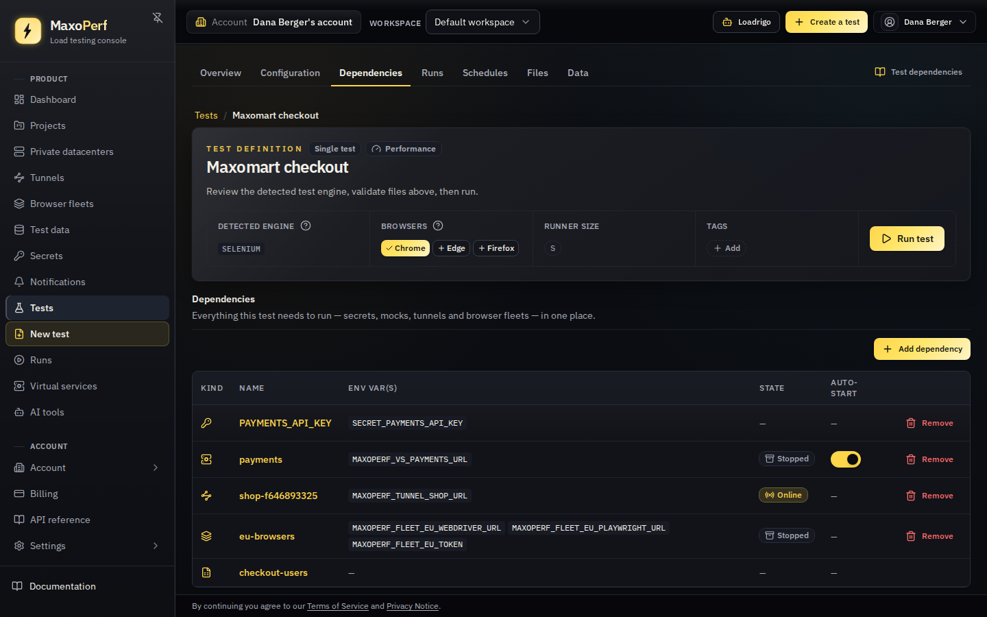 The Dependencies tab of the Maxomart checkout test with one row each for the PAYMENTS_API_KEY secret, the payments virtual service, a tunnel, the eu-browsers fleet and the checkout-users dataset, showing their environment variables and states.