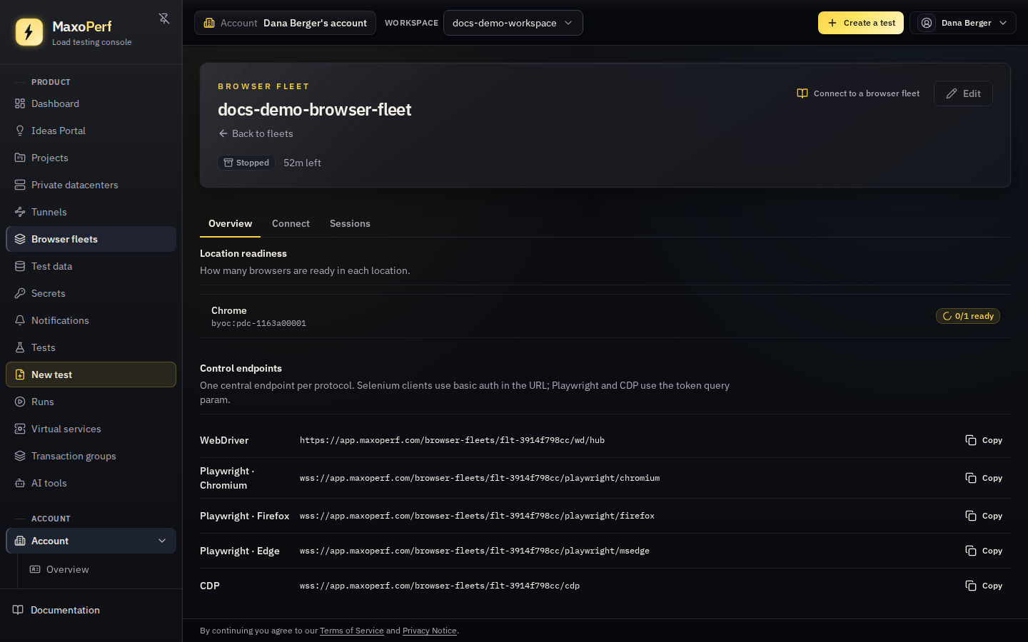 MaxoPerf browser fleet Connect tab for a running fleet, showing the fleet id, its status, the WebDriver, Playwright, and CDP connection endpoints, the supported Playwright minors, and the connection-token field with the credential masked until it is revealed