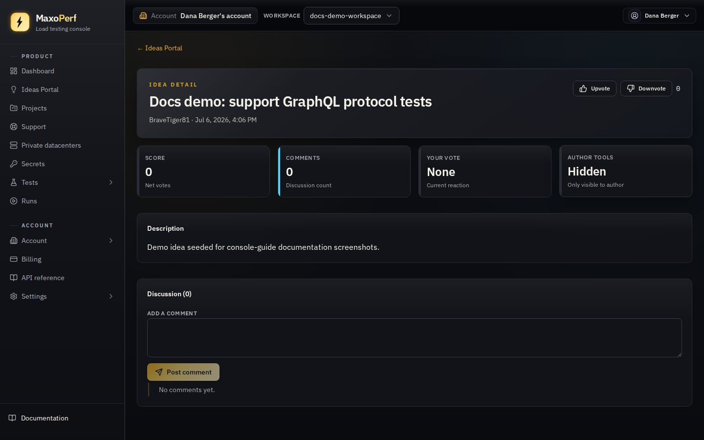MaxoPerf Idea detail page showing the idea title, vote score metric strip with Upvote and Downvote buttons, the description, and a Discussion thread with comments