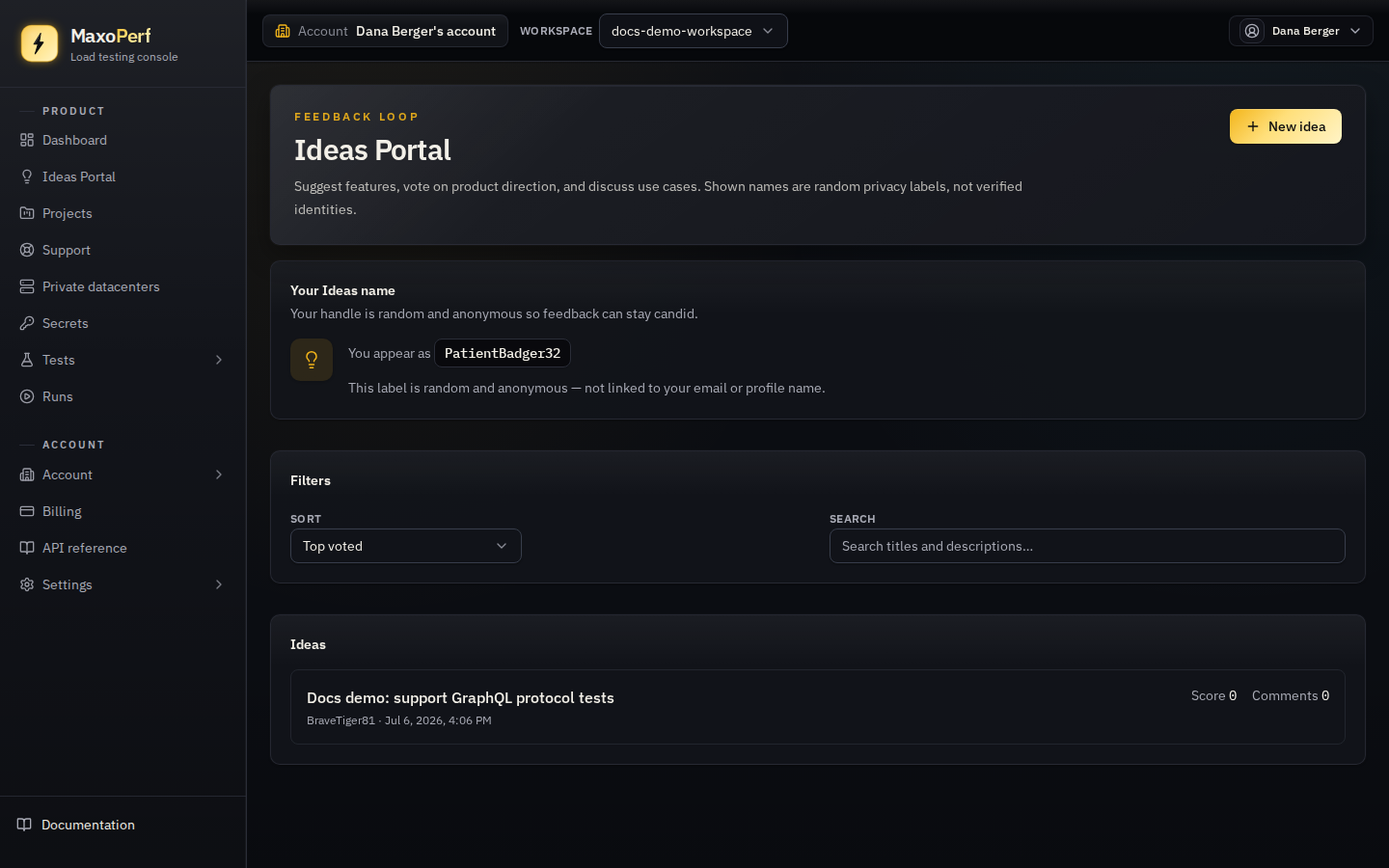 MaxoPerf Ideas Portal list showing ideas sorted by top vote score, with title, anonymous author handle, score, and comment count for each row