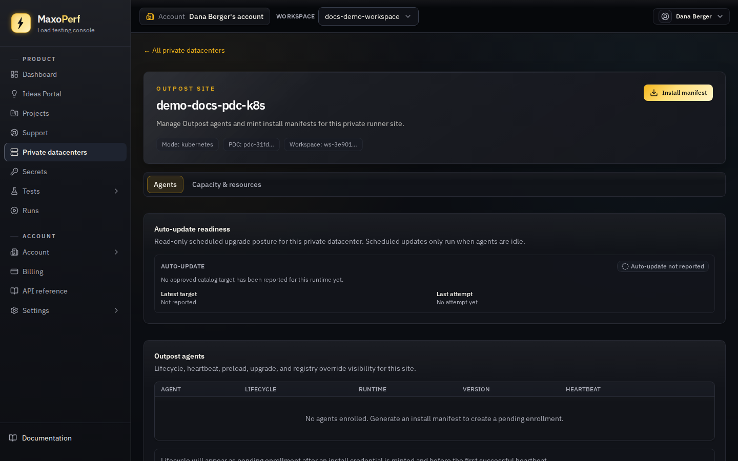MaxoPerf Private datacenter detail page showing the site name as an editable heading, a PDC meta pill row with mode and IDs, and the Auto-update readiness section