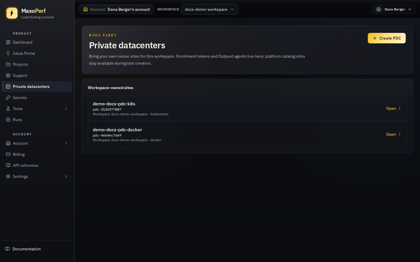MaxoPerf Private datacenters list showing the Workspace-owned sites section with two PDC rows, each displaying the site name, a truncated ID, the workspace, and status