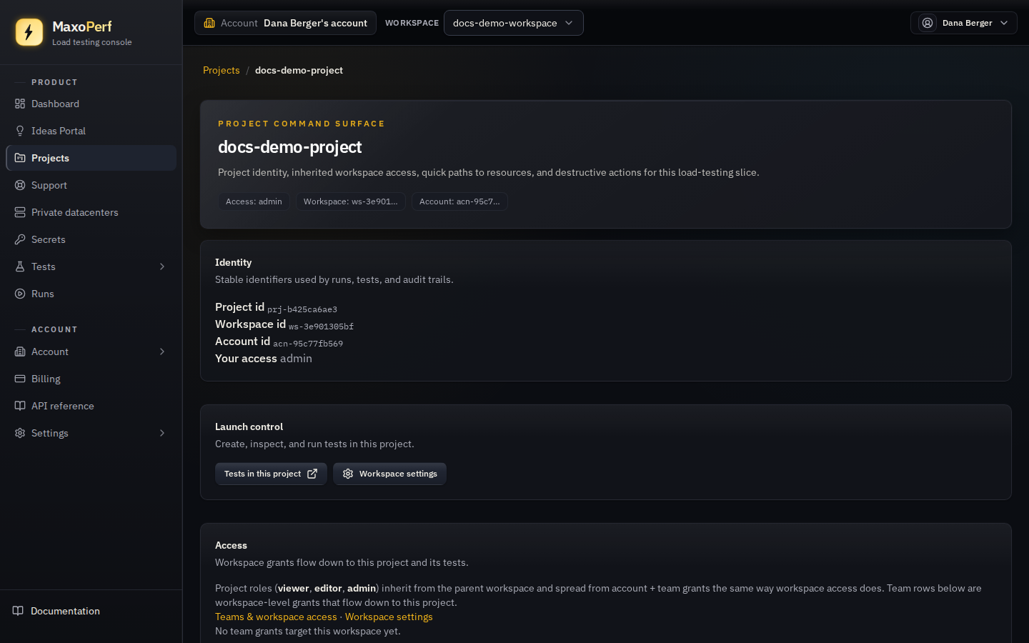 MaxoPerf Project detail page showing the project name as an editable heading, the Identity section with project ID and workspace ID, the Launch control section with Tests and Workspace settings links, and the Access section listing team grants