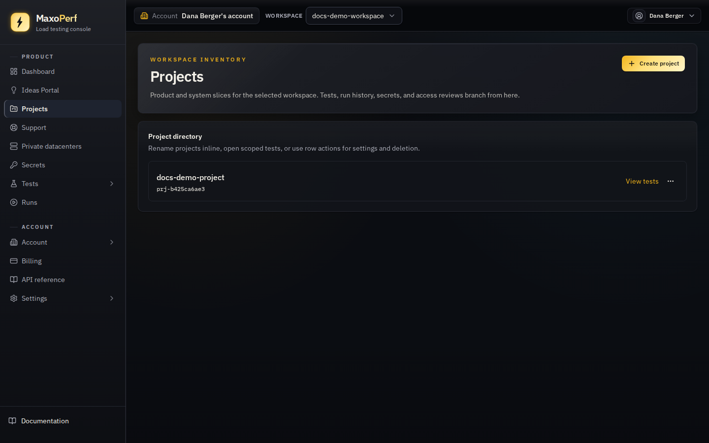 MaxoPerf Projects list showing the Project directory with three project rows, each with an inline-editable name, a View tests link, and a row actions menu