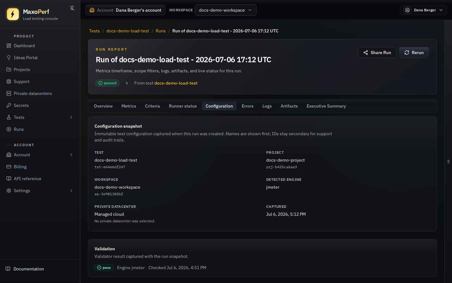 MaxoPerf Run detail Configuration tab showing the immutable test configuration snapshot with test name, project, workspace, engine, load profile, location plan, files, and validation sections