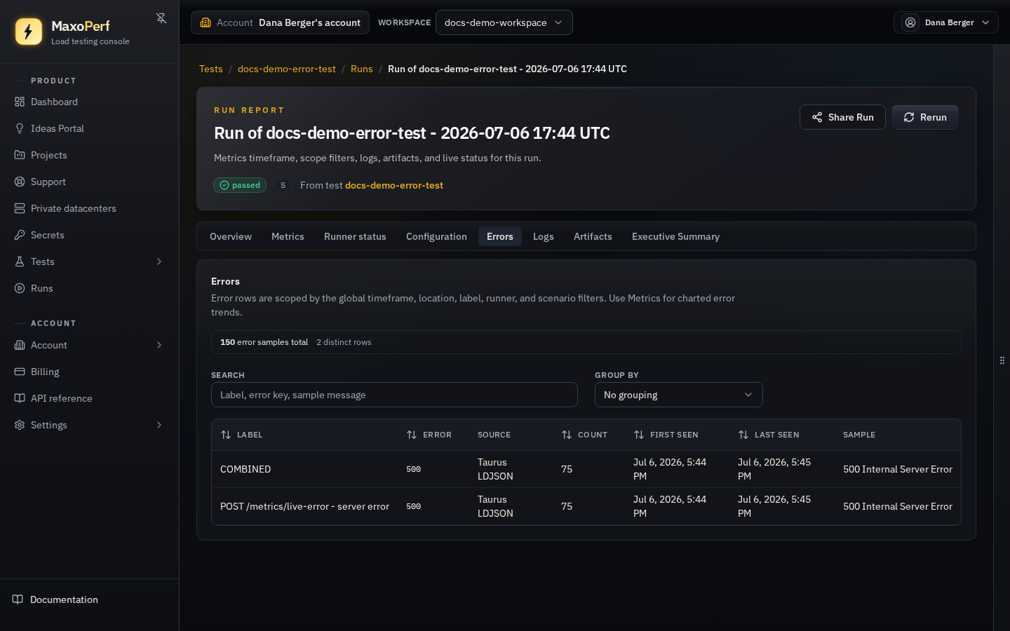 MaxoPerf Run detail Errors tab showing a summary bar with total error sample count and distinct row count, search and group-by controls, and a data table