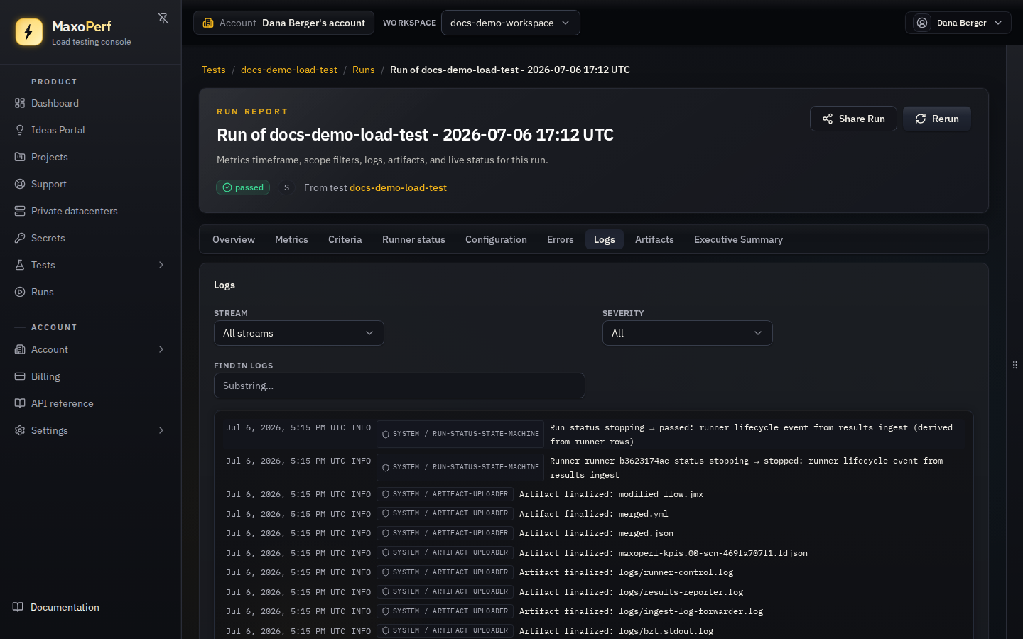 MaxoPerf Run detail Logs tab showing a log stream with severity filter, stream filter (System / Engine / All), text search, and colour-coded log lines with timestamps and source labels