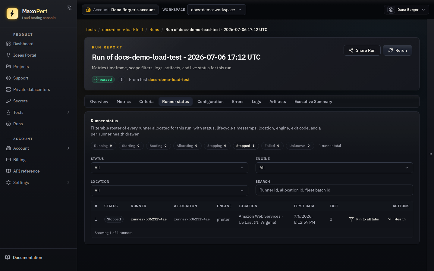MaxoPerf Run detail Runner status tab showing a filterable table of runners with status, location, engine, exit code, and per-runner health drawer controls