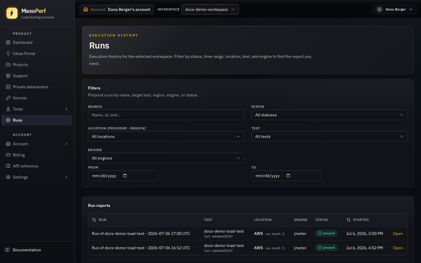 MaxoPerf Runs list page showing a filterable table of run executions with status badges, test name, location, and engine columns