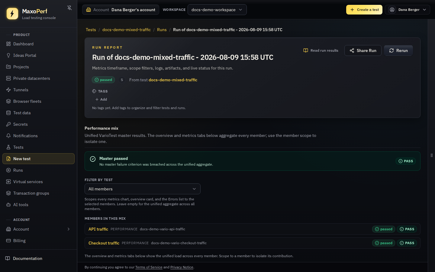 VarioTest run Overview tab with the Scenario scope filter open, showing per-scenario throughput and latency