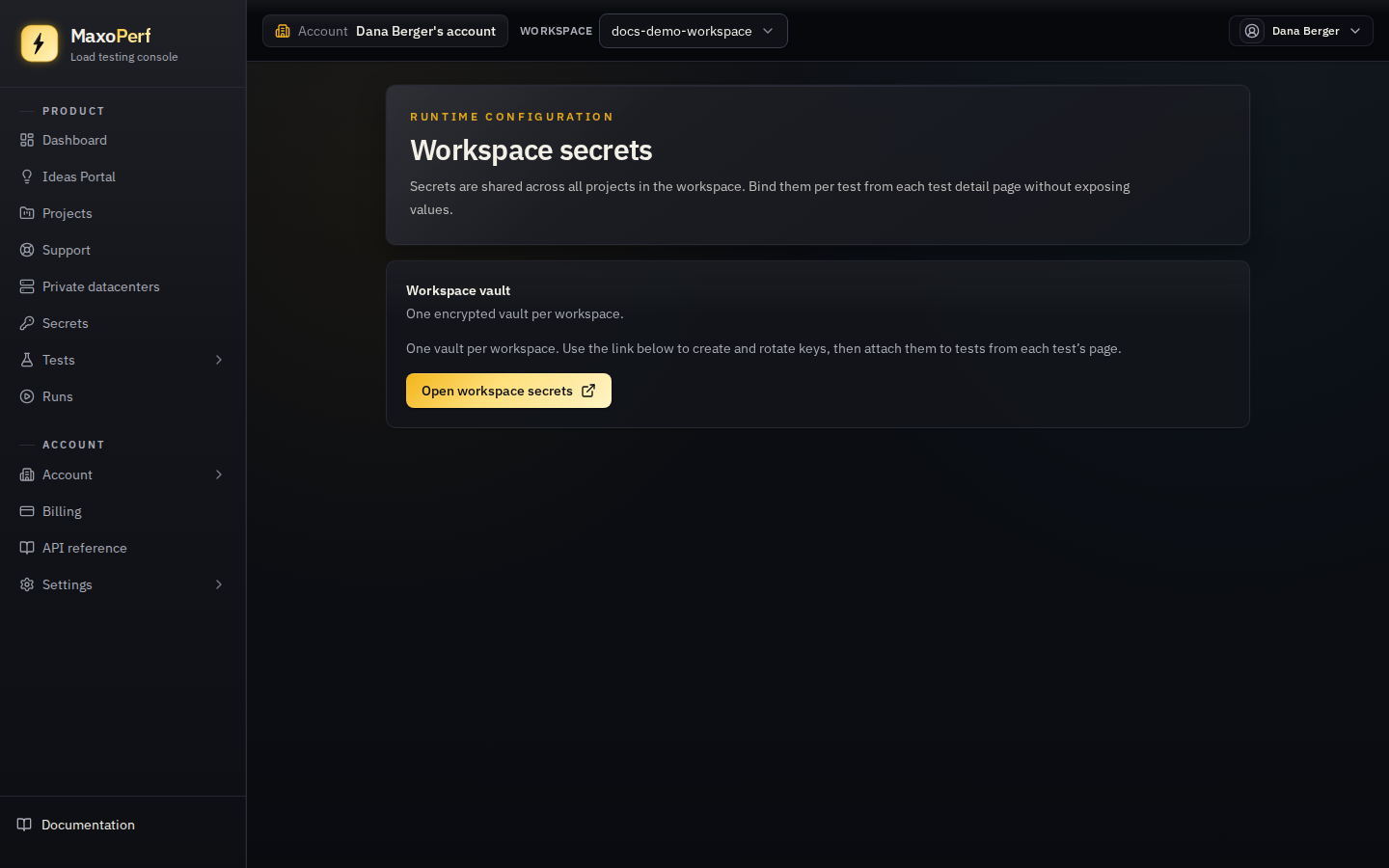 MaxoPerf Secrets hub page showing the workspace vault selector with a button to open the active workspace's secrets page