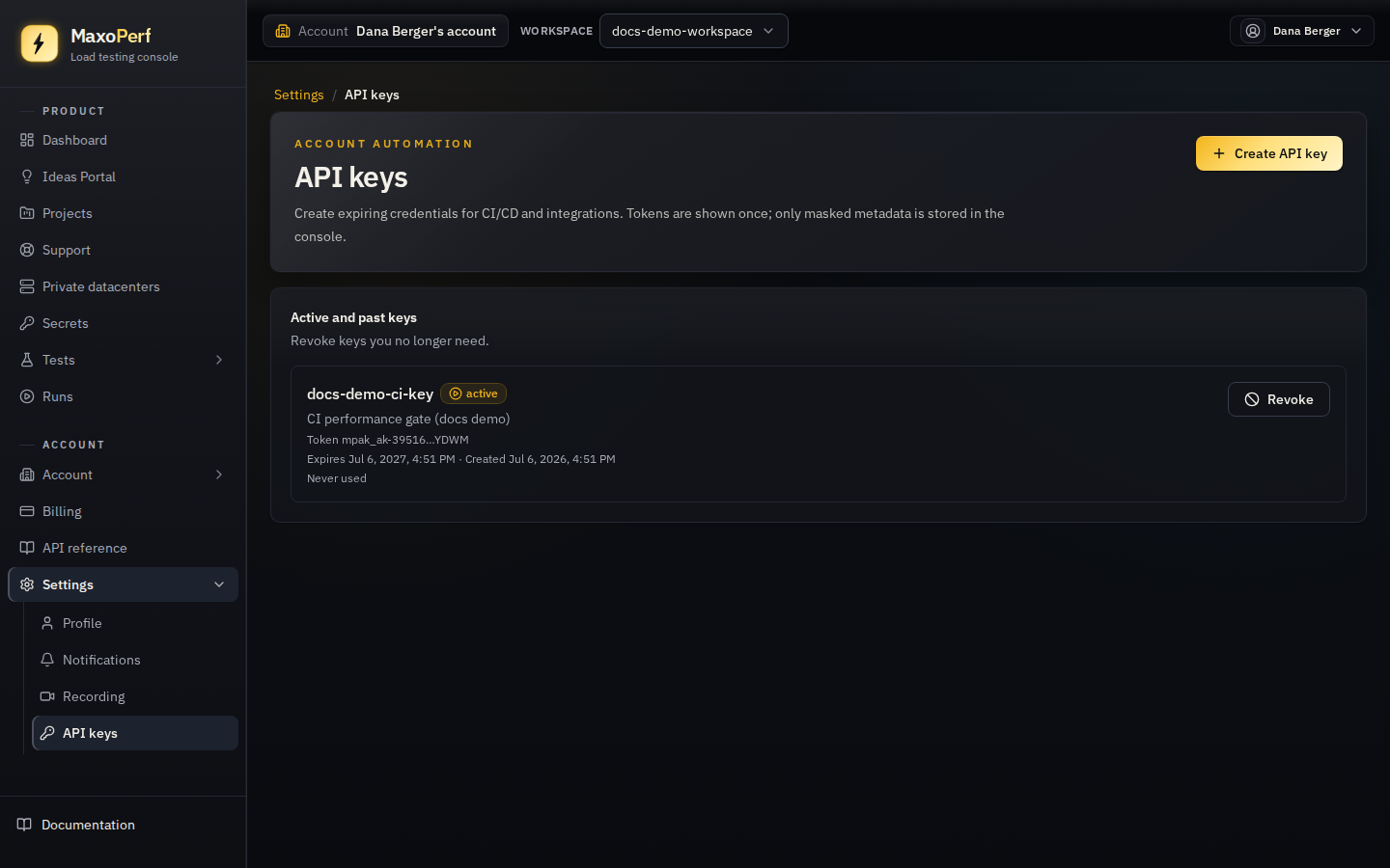 MaxoPerf Settings API keys page showing the active-and-past-keys list with masked token prefix and last-4 digits, expiry dates, and Revoke buttons