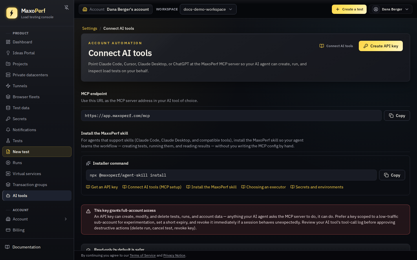 MaxoPerf Settings → Connect AI tools page showing the account's MCP endpoint URL and configuration snippets to copy for each supported client
