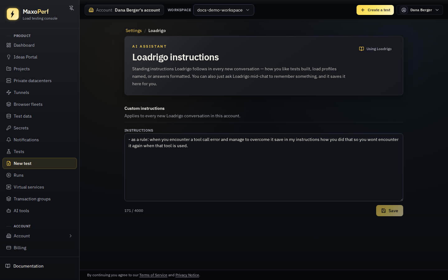 MaxoPerf Settings → Loadrigo page showing the custom instructions text area with saved guidance and its character counter, next to the account's daily message allowance and Loadrigo controls