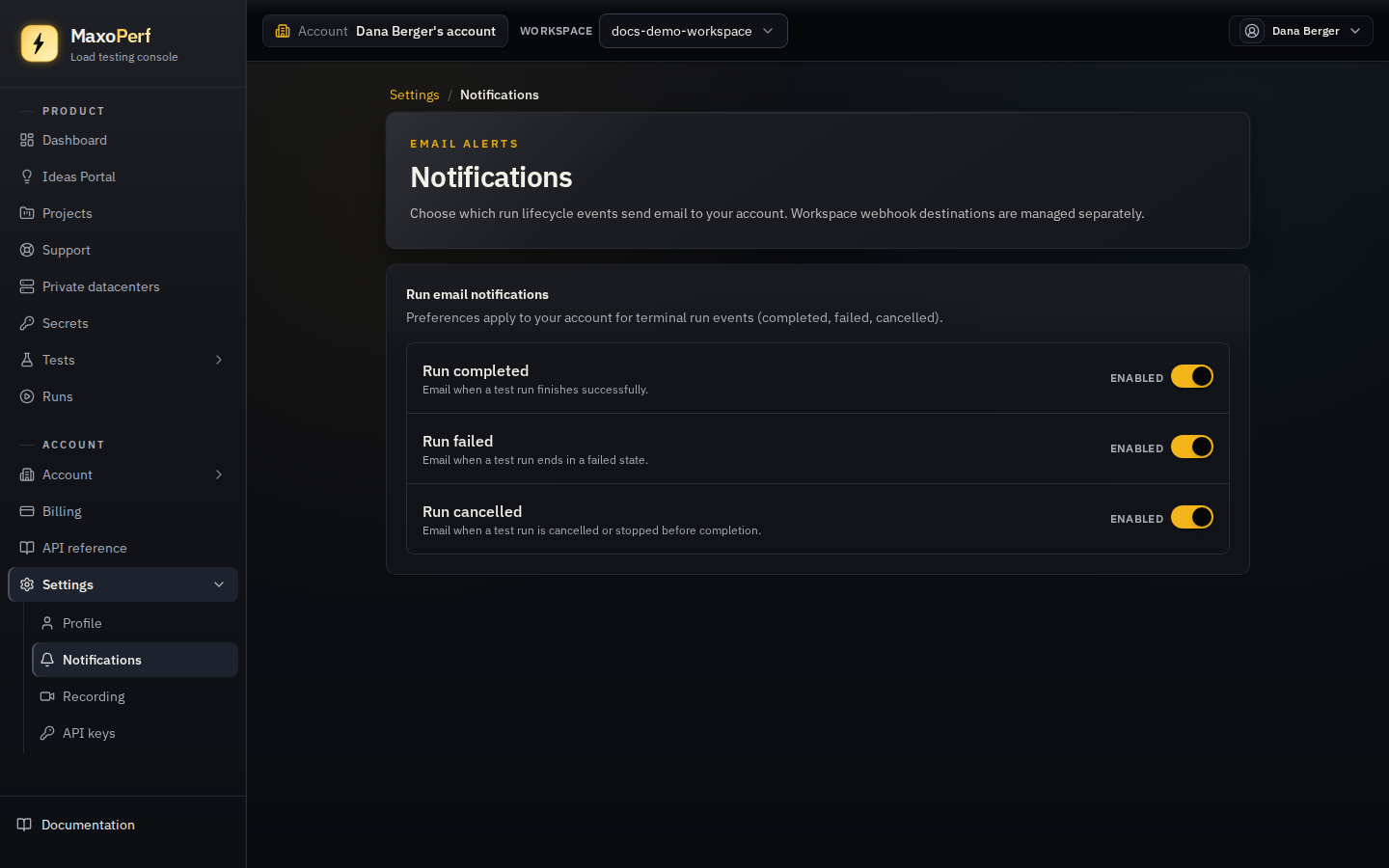 MaxoPerf Settings Notifications page showing the Run email notifications section with checkboxes for Run completed, Run failed, and Run cancelled