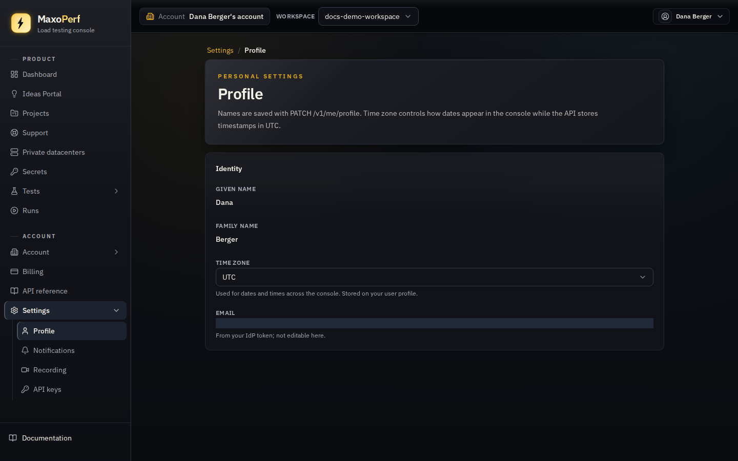 MaxoPerf Settings Profile page showing the Identity section with editable Given name, Family name, and Time zone fields
