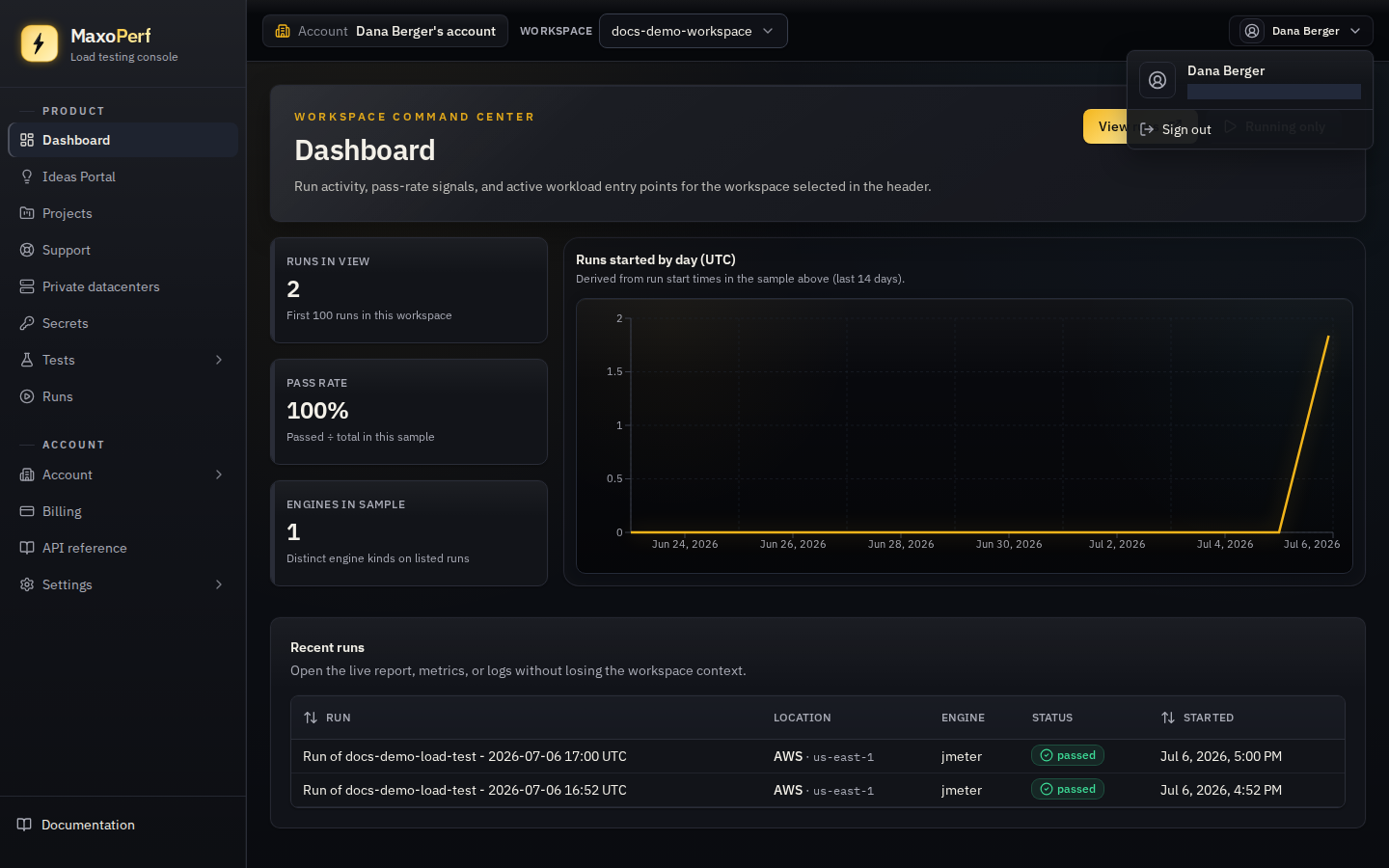 MaxoPerf console top bar with the account switcher dropdown open, listing two accounts