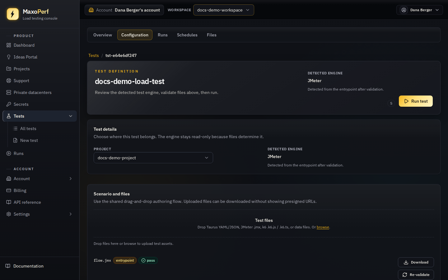 MaxoPerf Test detail Configuration tab showing Test details, Scenario and files, Load configuration, Locations and capacity, Failure criteria, and Verdict mode sections