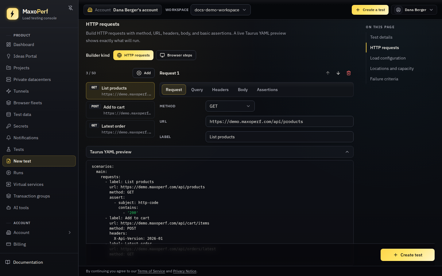 MaxoPerf New test page in scriptless HTTP-request builder mode, showing a numbered sequence of HTTP requests and the selected request's Method, URL, Query, Headers, Body, and Assertions tabs