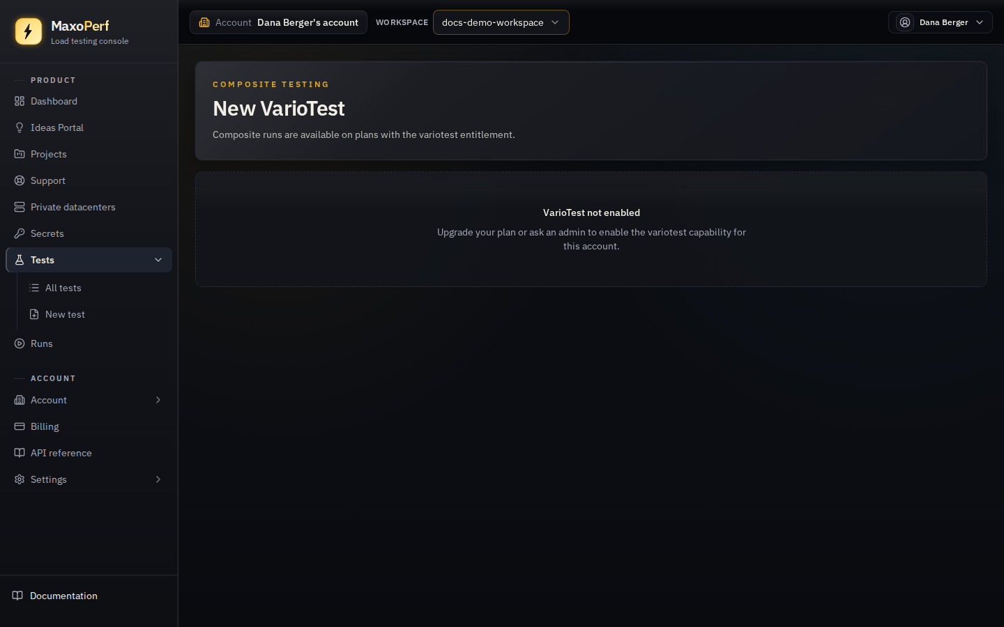 MaxoPerf New VarioTest three-step wizard showing Name and project, Scenarios, and Review steps