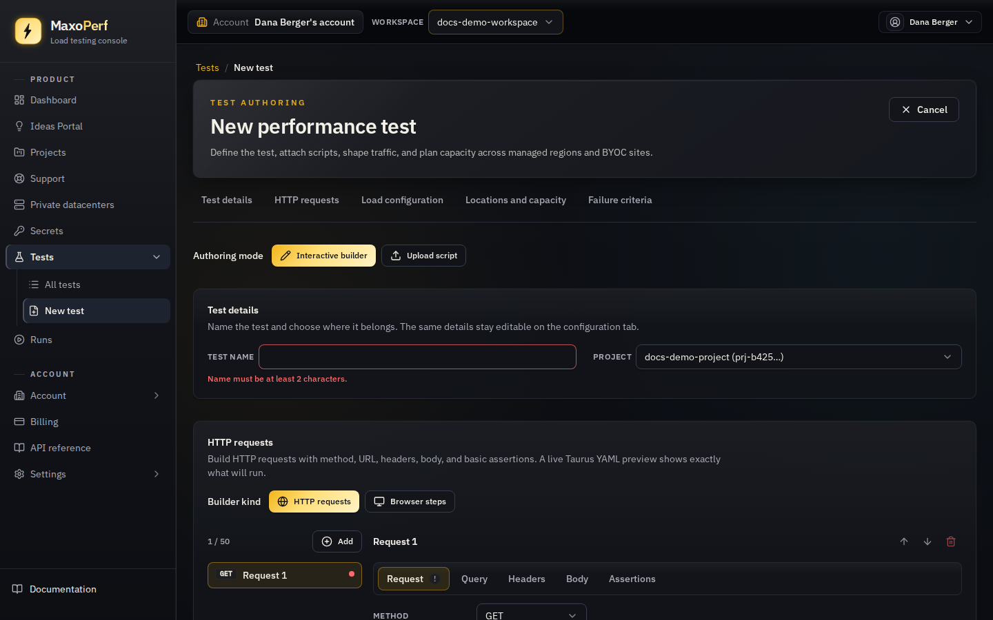 MaxoPerf New performance test form with Test details, Scenario and files, Load configuration, and Locations and capacity sections