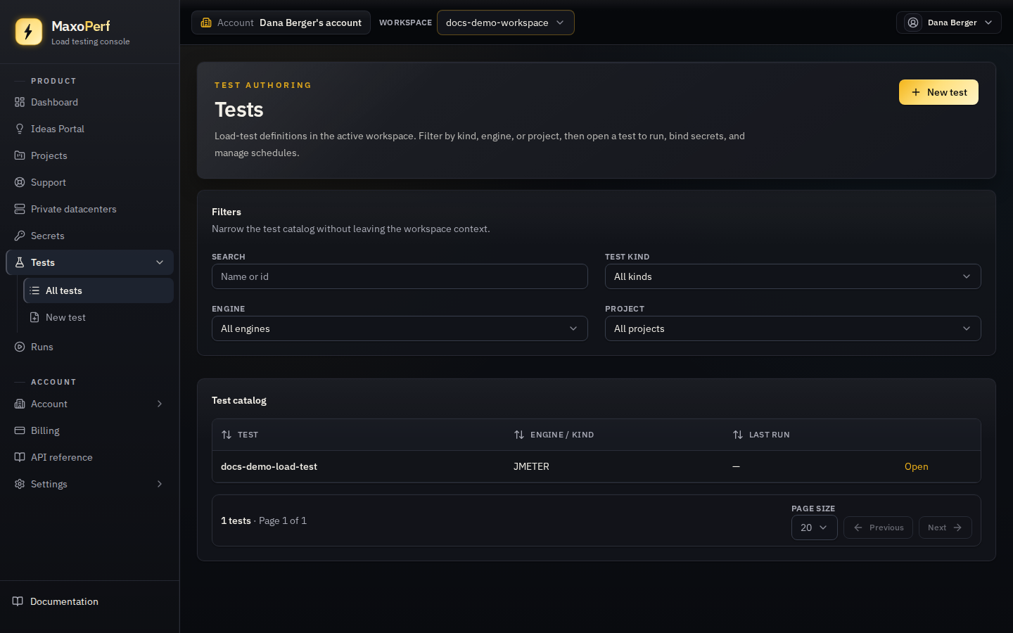 MaxoPerf Tests list page showing a filterable table of test definitions with name, engine, last-run columns and an Open link