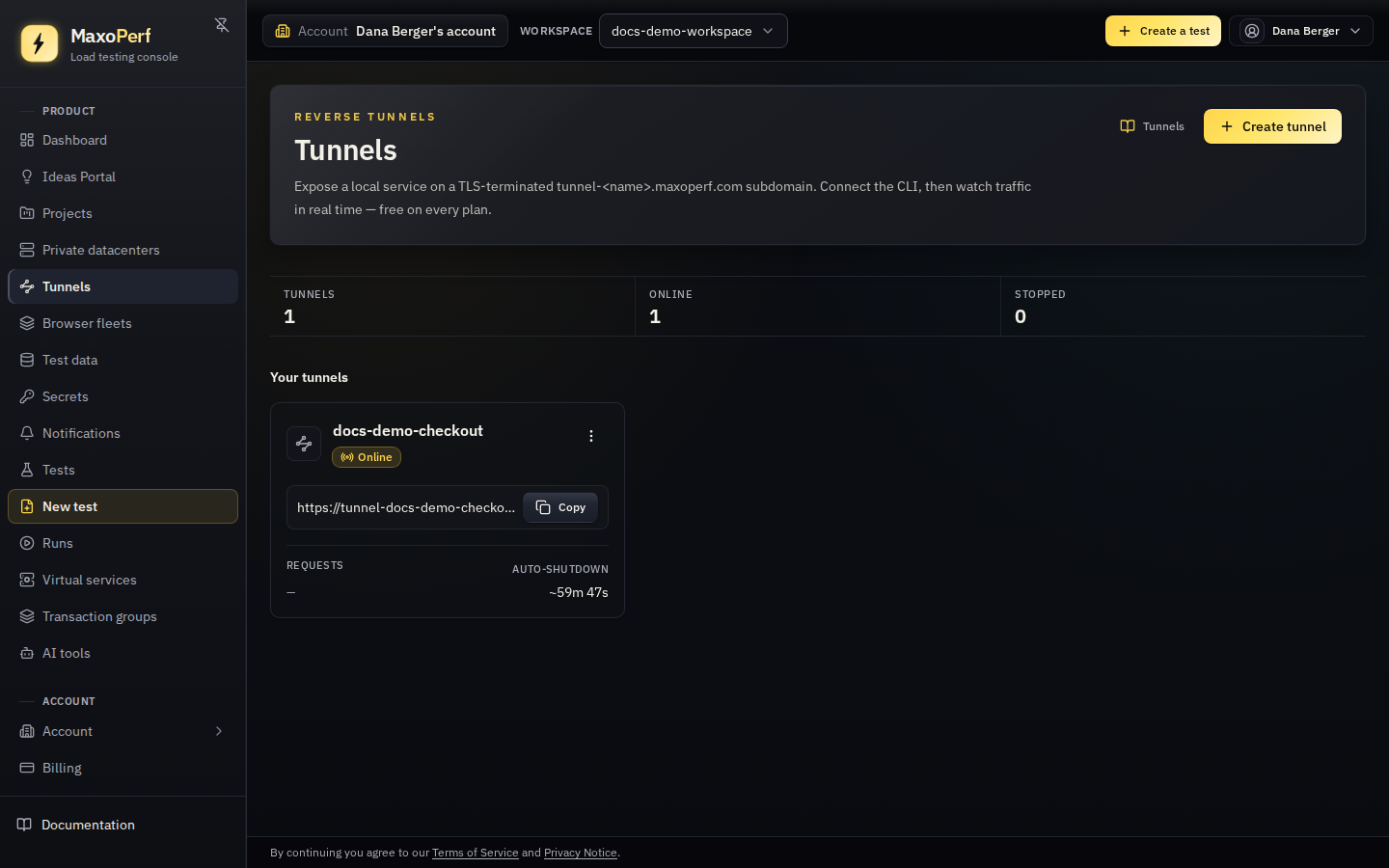 MaxoPerf Tunnels list showing account tunnels with their public name.maxoperf-tunnel.com URLs and an online status badge on a tunnel whose client is connected
