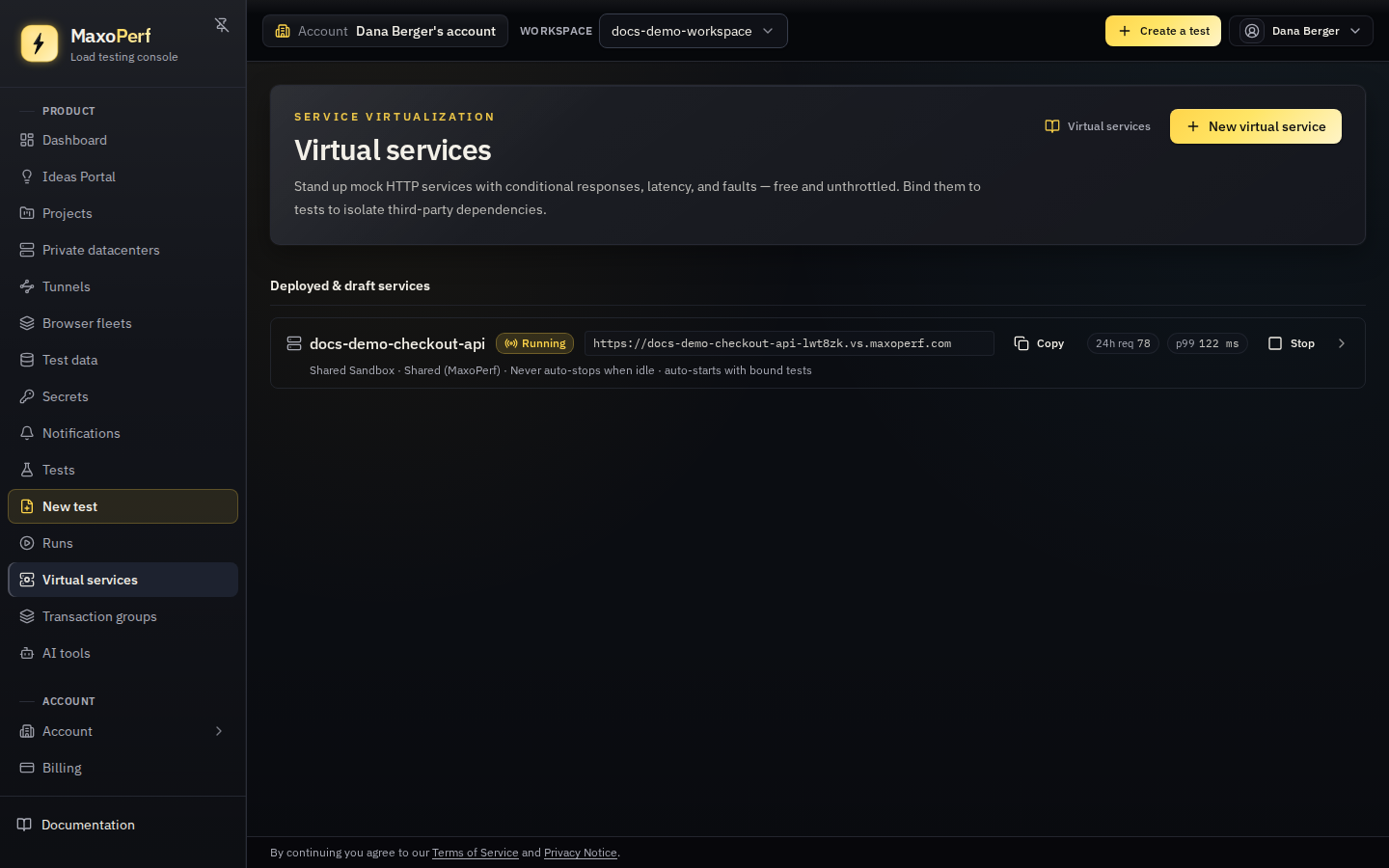 MaxoPerf Virtual services list showing a deployed virtual service with a running status badge, the private datacenter it is placed on, and its live endpoint hostname