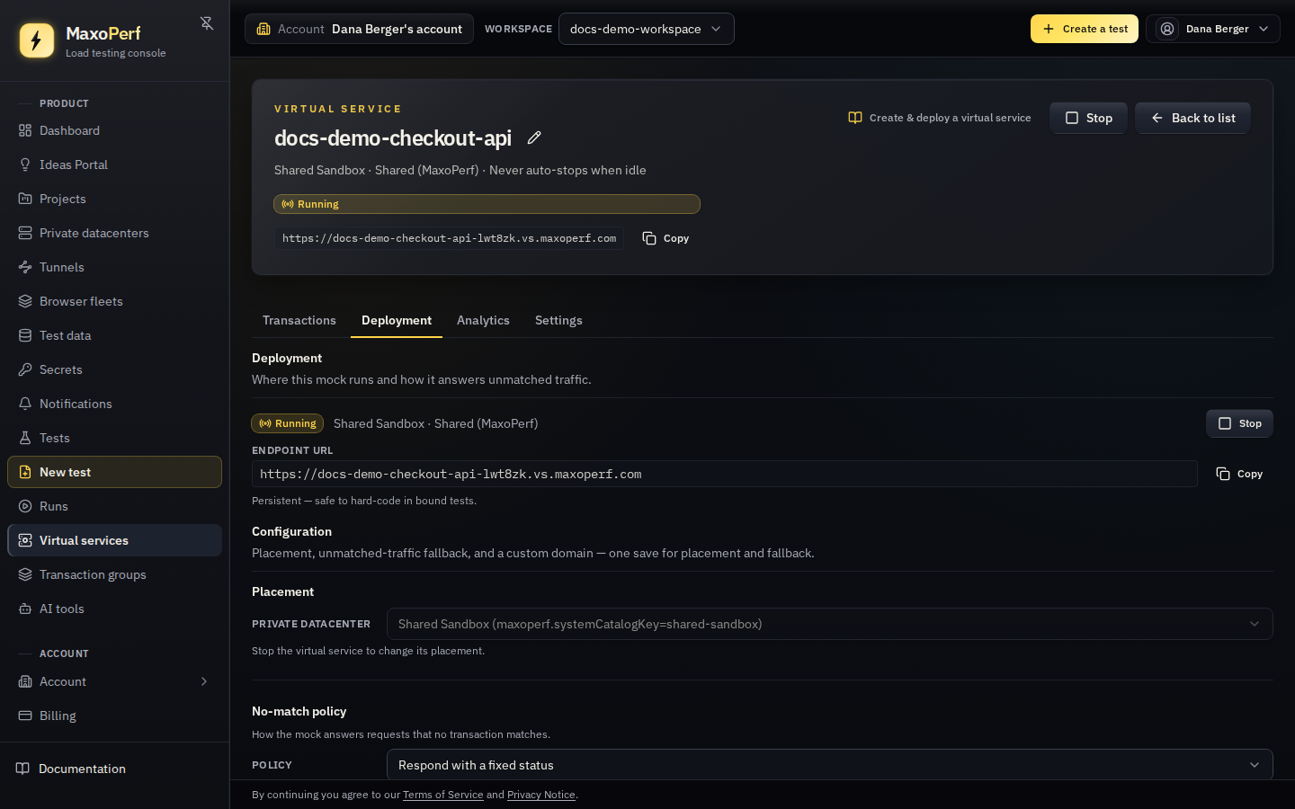MaxoPerf virtual service Deployment tab showing the status badge, Deploy button, PDC placement selector grouped into Shared (MaxoPerf) and Self-hosted, and the no-match fallback policy fields