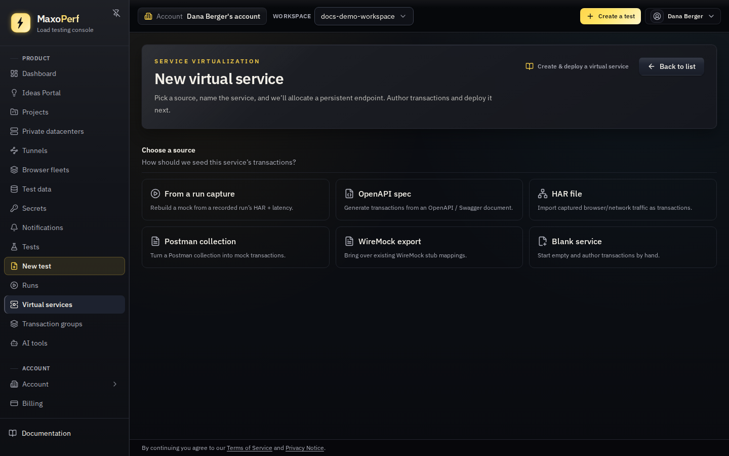 MaxoPerf New virtual service dialog with a name field and a transaction group selector