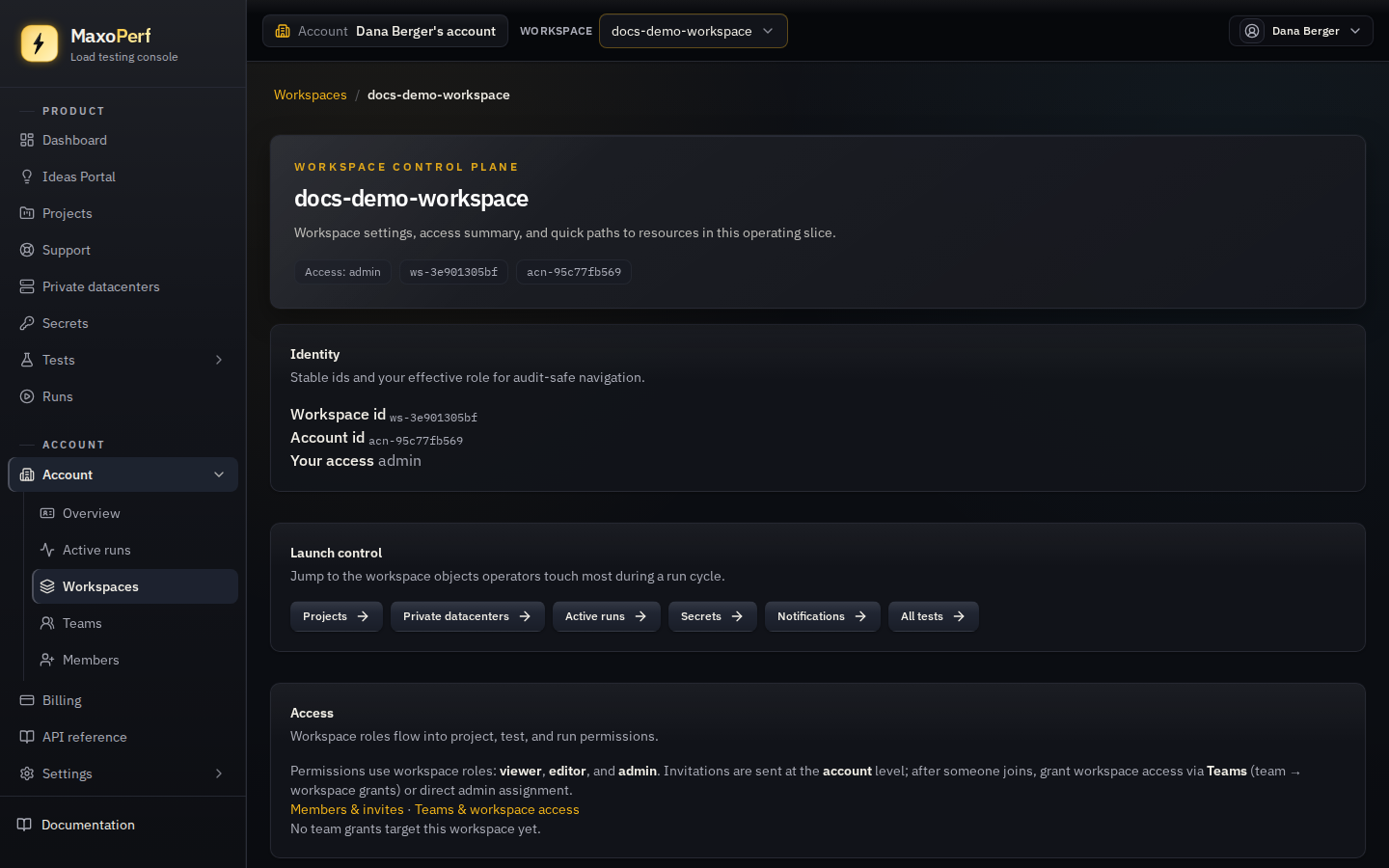 MaxoPerf Workspace detail page showing the workspace name (inline editable), breadcrumb back to Workspaces, the Identity section with workspace id and account id, the Launch control section with quick-access buttons, and the Access section listing team grants