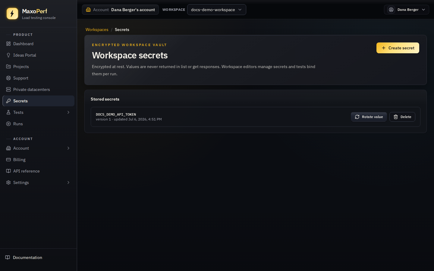 MaxoPerf Workspace secrets page showing the stored secrets table with name, version, and updated timestamp columns, and Rotate value and Delete buttons, with masked or empty secret values