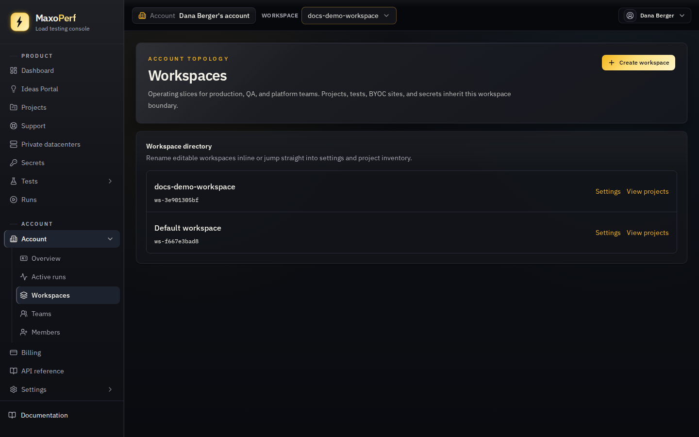 MaxoPerf Workspaces list page showing a table of workspaces with name, id, Settings and View projects links, and a Create workspace button in the header