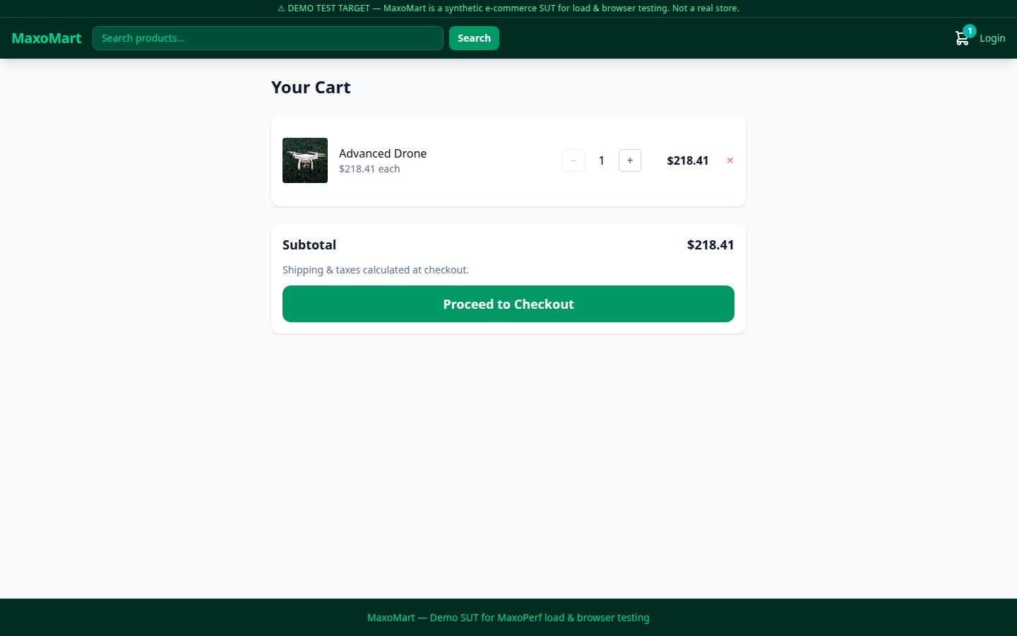 Cart page with the Advanced Drone item, quantity stepper, and Proceed to Checkout button