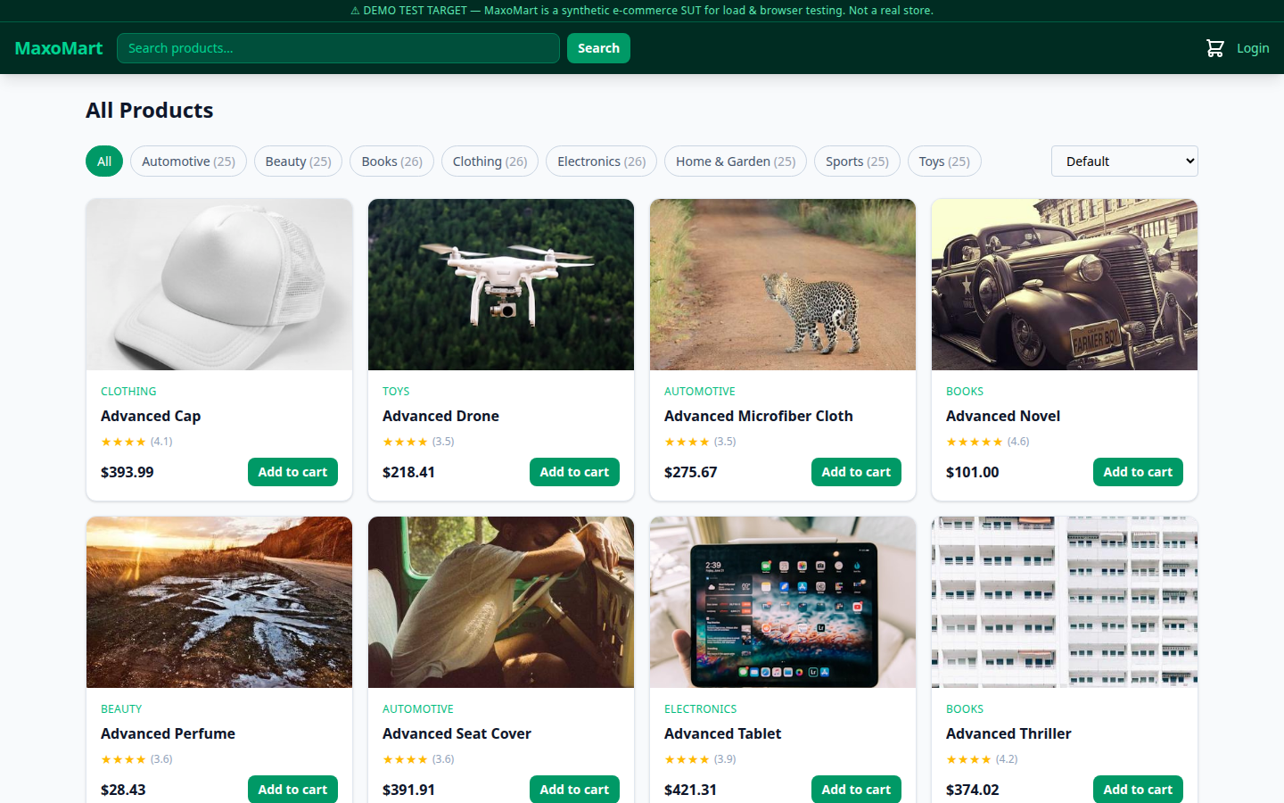 Product catalog showing the grid of items with Add to cart buttons