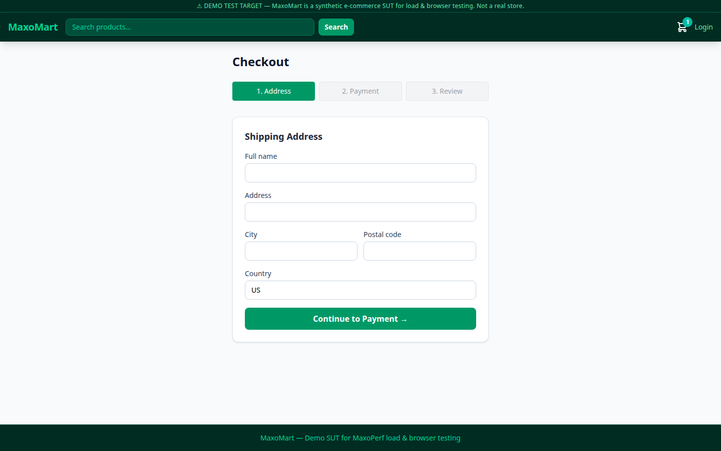 Multi-step checkout form showing the Address step