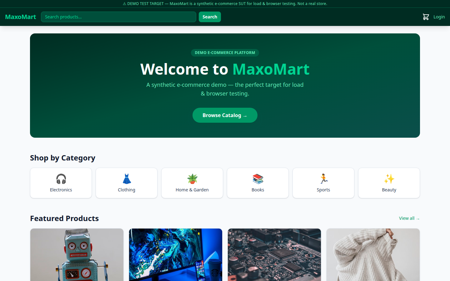 MaxoMart homepage showing the hero banner and featured products