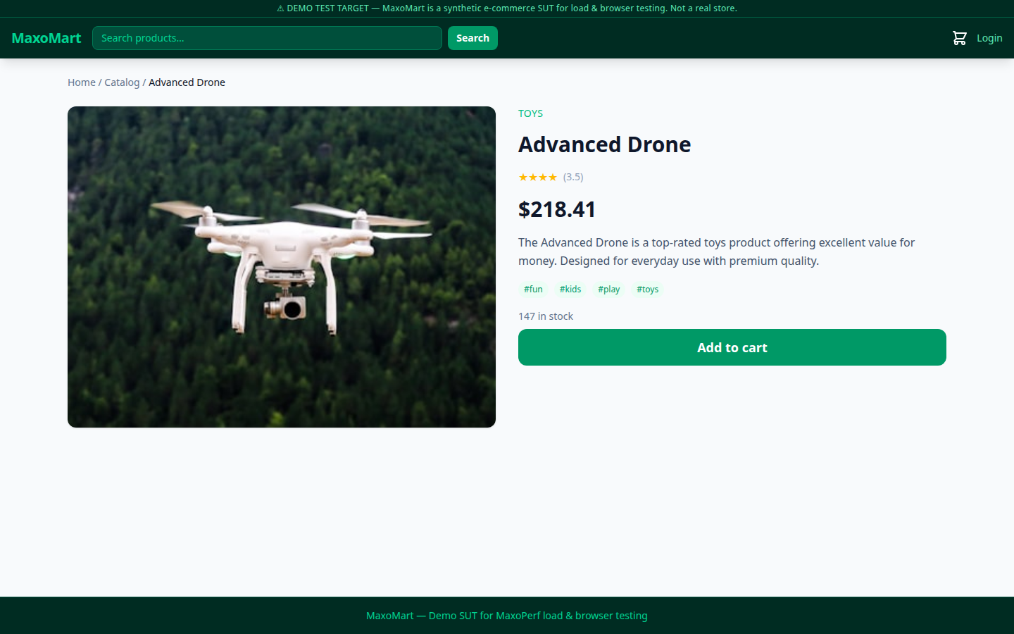 Product detail page for Advanced Drone with Add to cart button