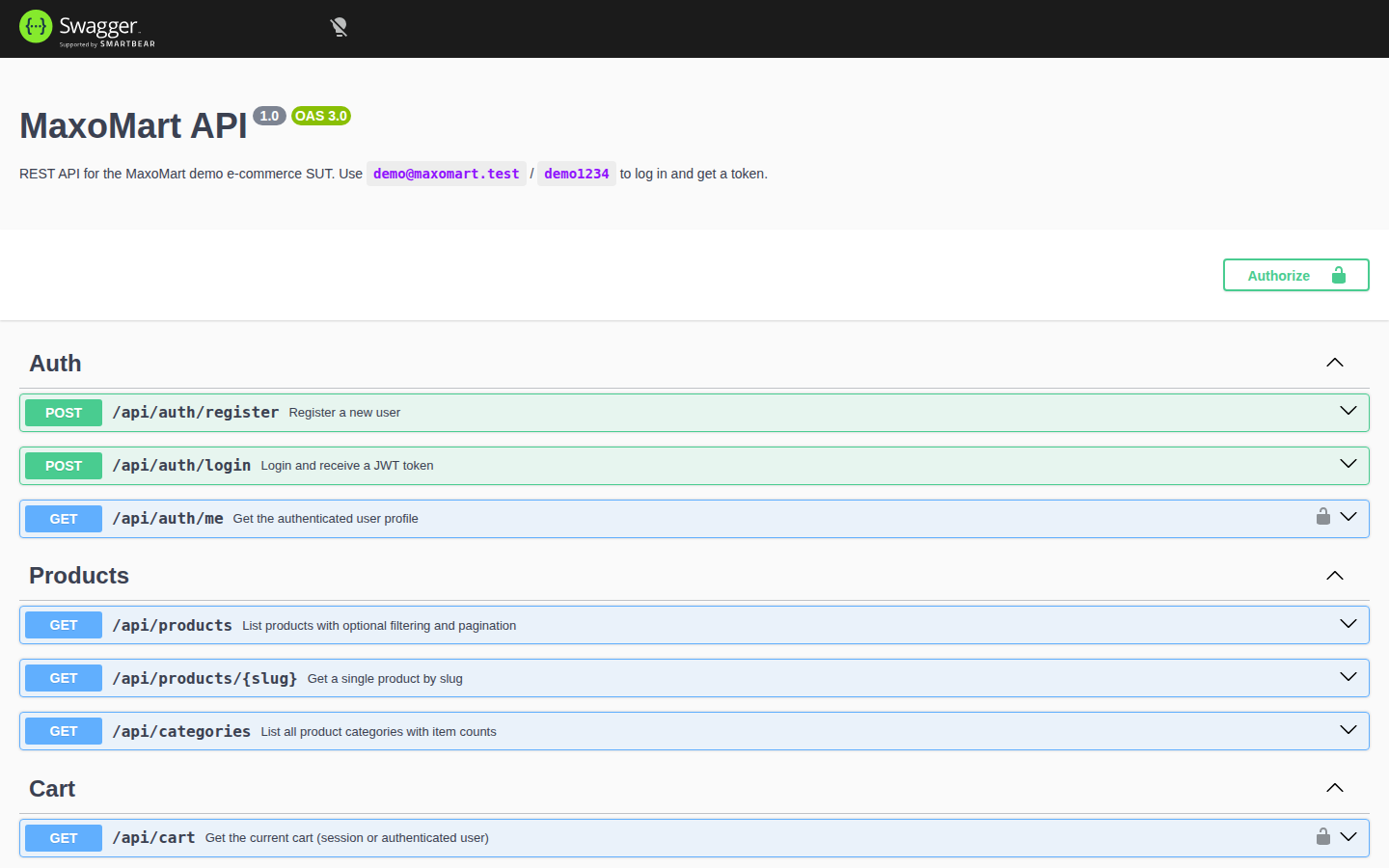 MaxoMart Swagger UI listing Auth, Products, Cart, Checkout, and Orders endpoints